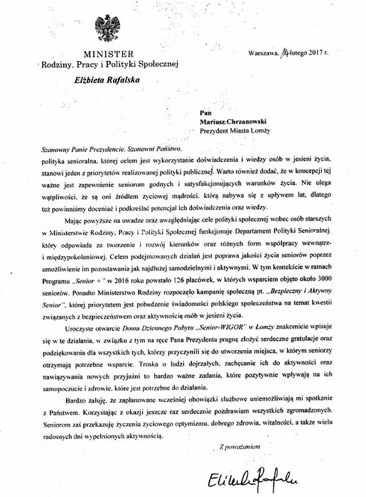list Minister Rodziny, Pracy i Polityki Społecznej Elżbiety Rafalskiej