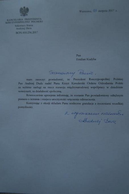 List z Kancelarii Prezydenta RP
