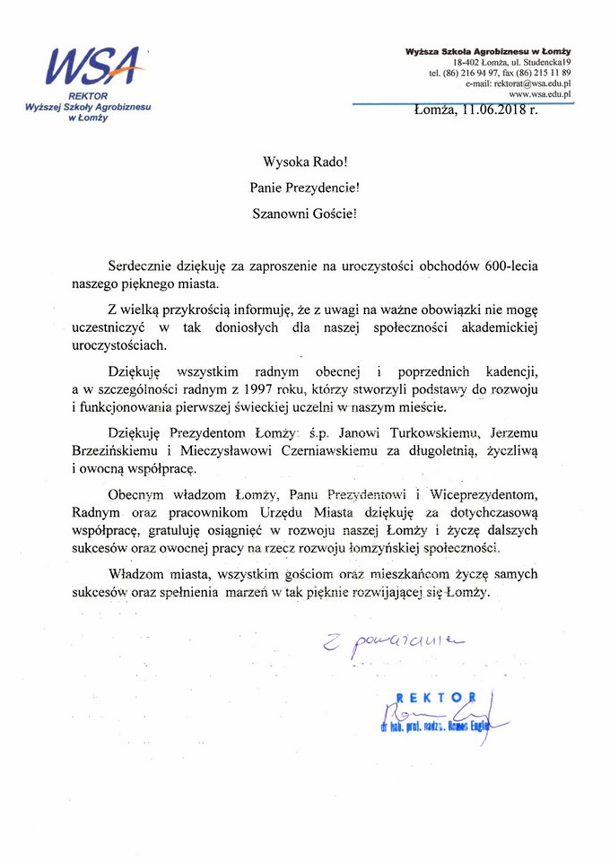 list rektora Wyższej Szkoły Agrobiznesu dr hab. prof. nadzw. Romana Englera