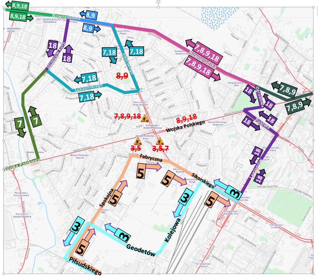 mapa objazdów linii MPK