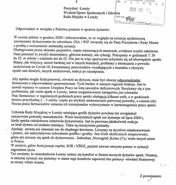 treść pisma jednej z aptek