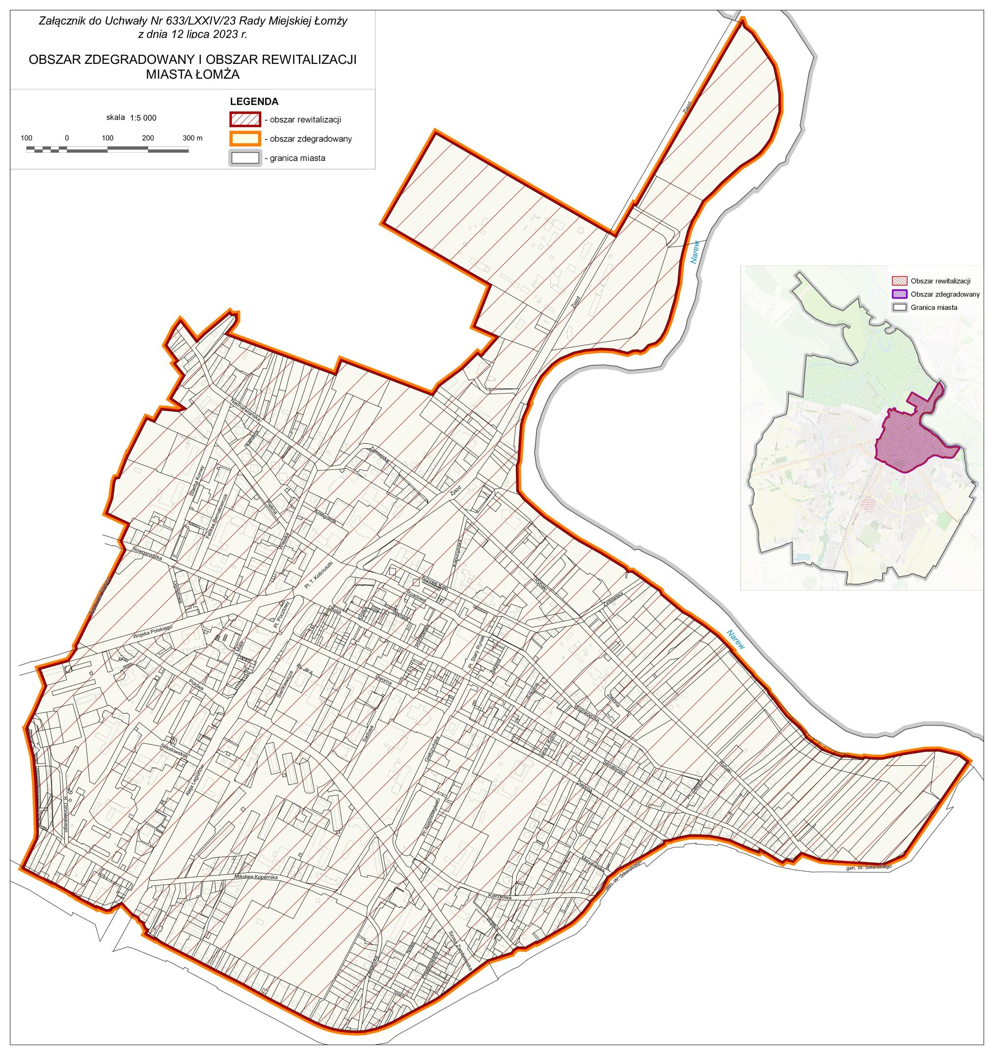 Mapa przedstawiająca obszar zdegradowany i obszar rewitalizacji Miasta Łomża