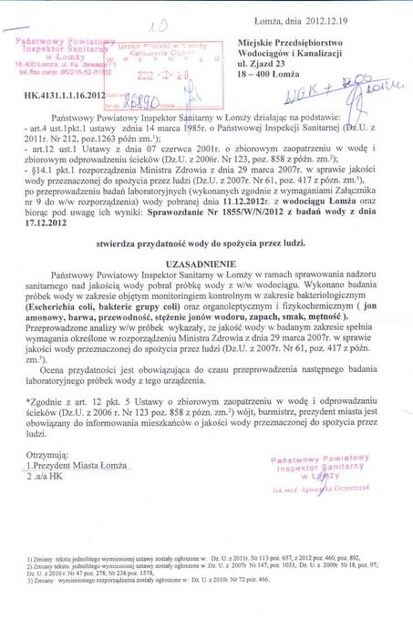 Komunikat nt przydatności wody do spożycia