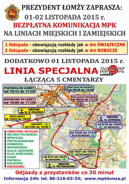 Bezpłatna komunikacja miejska w Łomży 1 i 2 listopada 2015r.