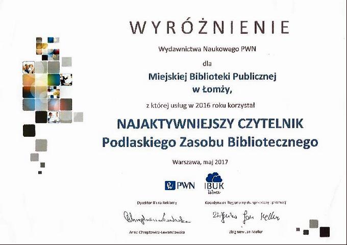 Czytelniczka łomżyńskiej biblioteki najaktywniejszym użytkownikiem Podlaskiego Zasobu Bibliotecznego