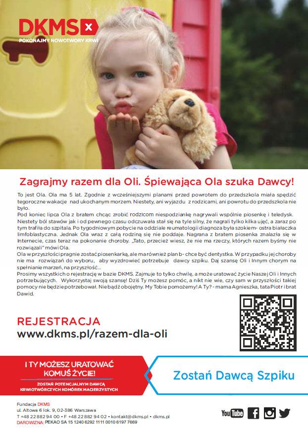 Zarejestruj się w bazie DKMS i pomóż małej Oli